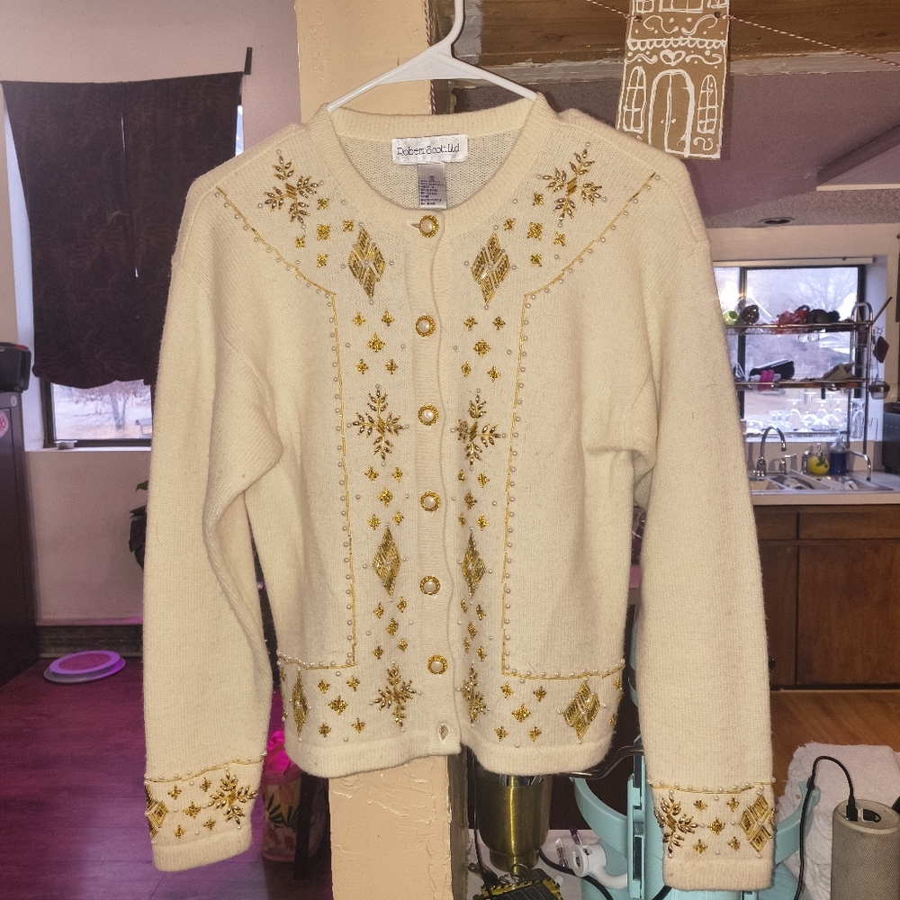 Vintage Beaded Robert Scott Cream Gold Cardigan